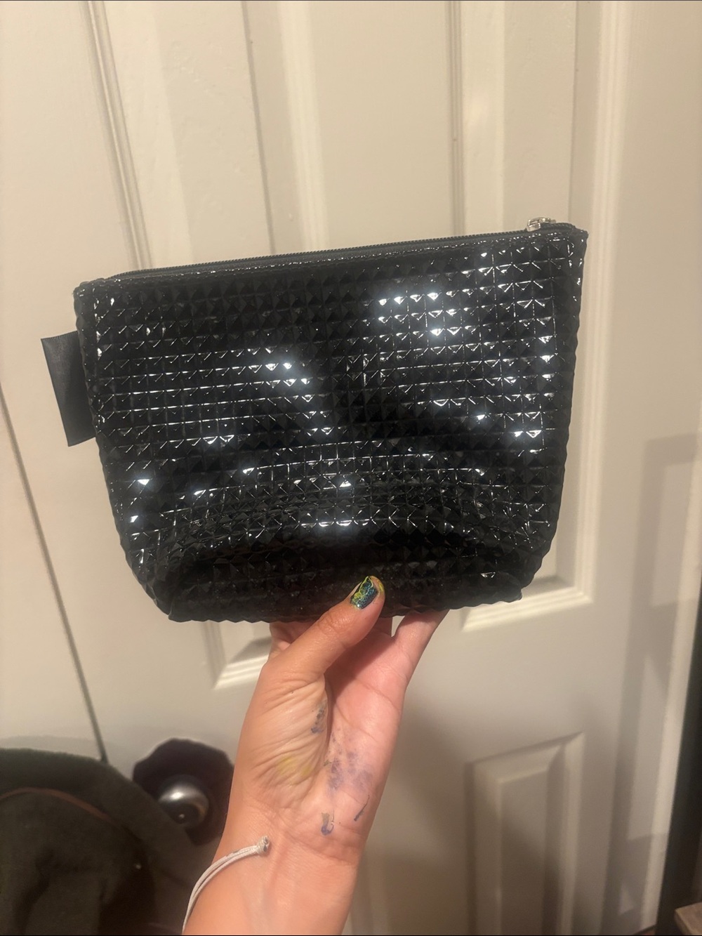 Black Textured Cosmetic Pouch - Sleek Travel Makeup Bag